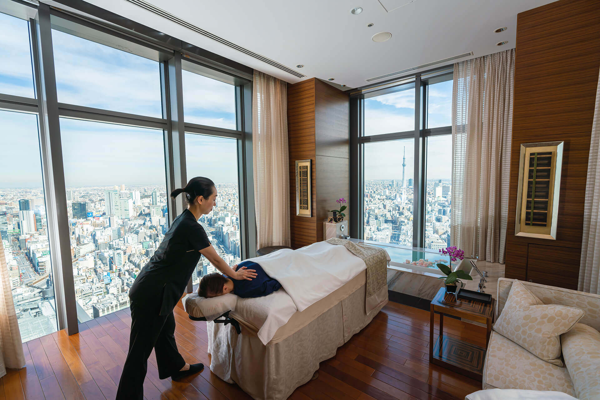 Customer receiving treatment in a room with an amazing view