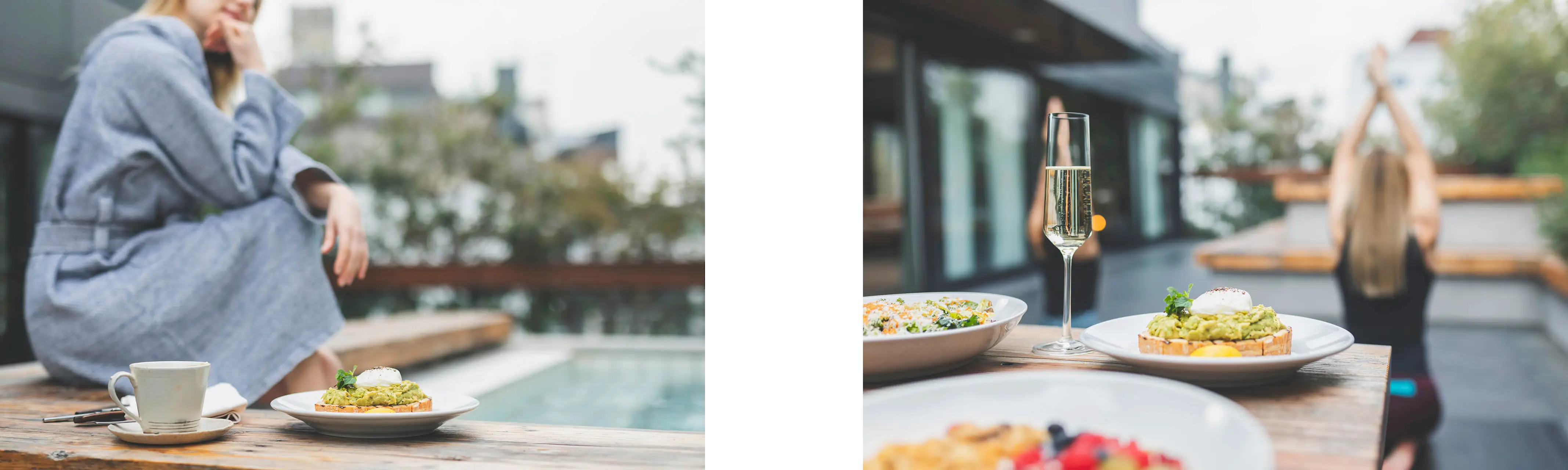 left:Relaxing time outside with healthy breakfast, right:Private yoga lessons held in “Terrace Suite”, the largest guestroom at TRUNK