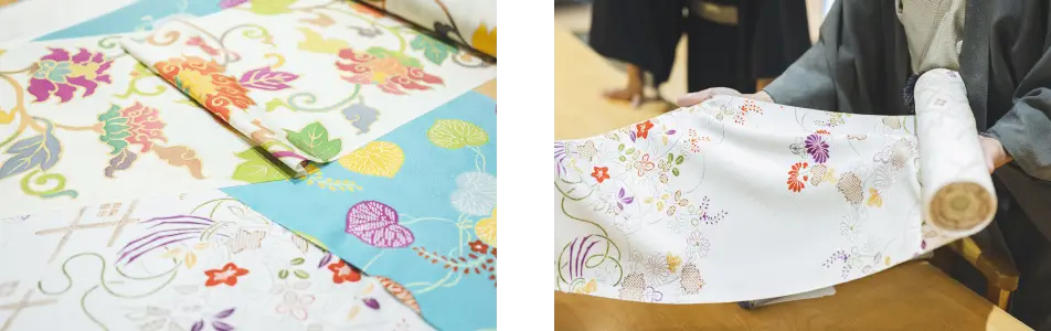 left:This beautiful kimono fabric is the masterpiece of the craftsmen’s effort.right:Unrolling kimono fabric reveals its elegant design