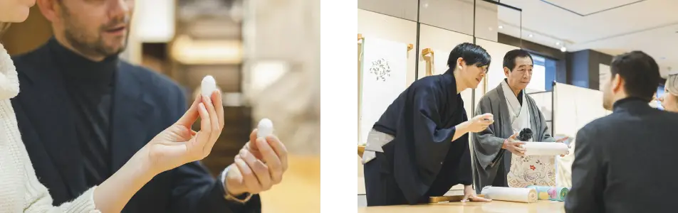 left:Holding top-quality silk threads at Ginza Motoji,right:The intricacy of the kimono fabric can be observed directly.