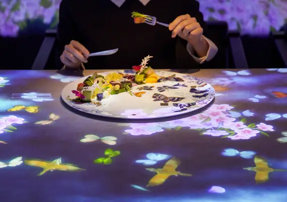 <p>Dinner at MoonFlower Sagaya Ginza Art by teamLab</p>