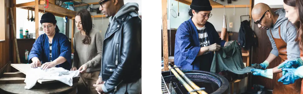 left:Craftsmen dyes a t-shirt with customers, right:An aizome t-shirt inheriting wisdom and skills from the Edo Era.