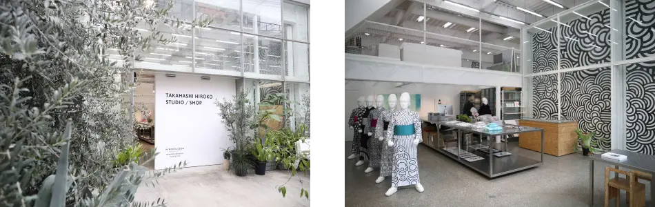 left:The exterior of HIROCOLEDGE is accompanied by plants, right:The interior of HIROCOLEDGE features traditional kimono patterns.