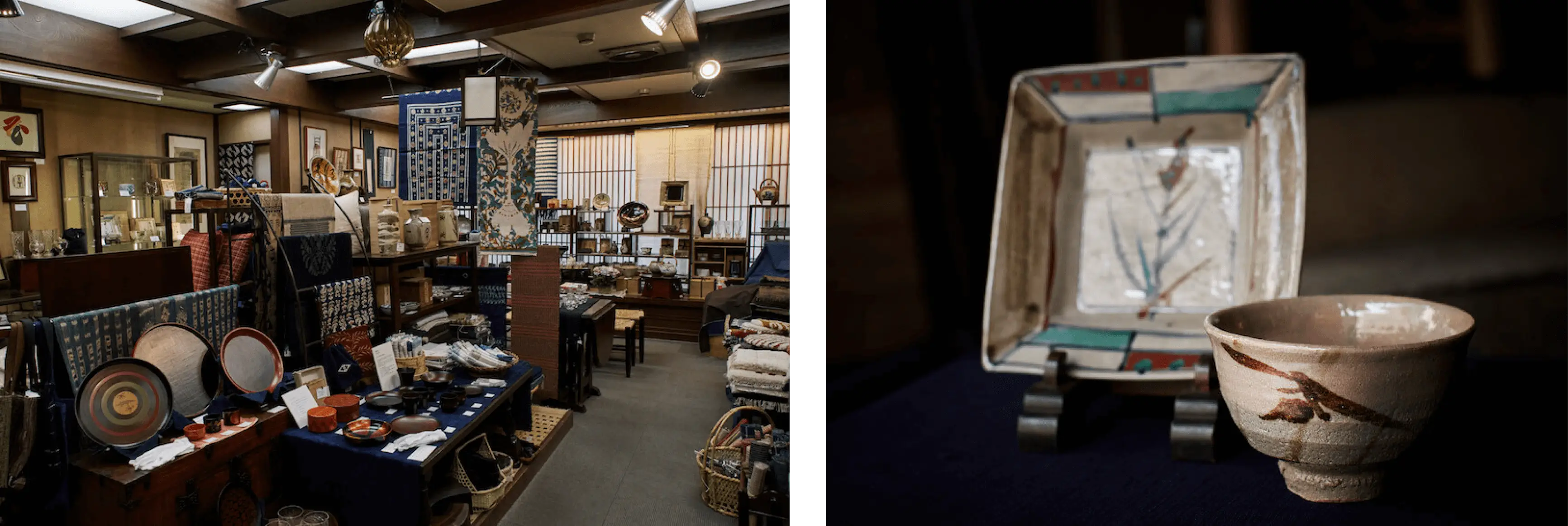 left:The interior of the Ginza Takumi craft shop is full of various crafts, right:A bowl and a dish created from Japanese ceramics represent the Japanese beauty of simplicity